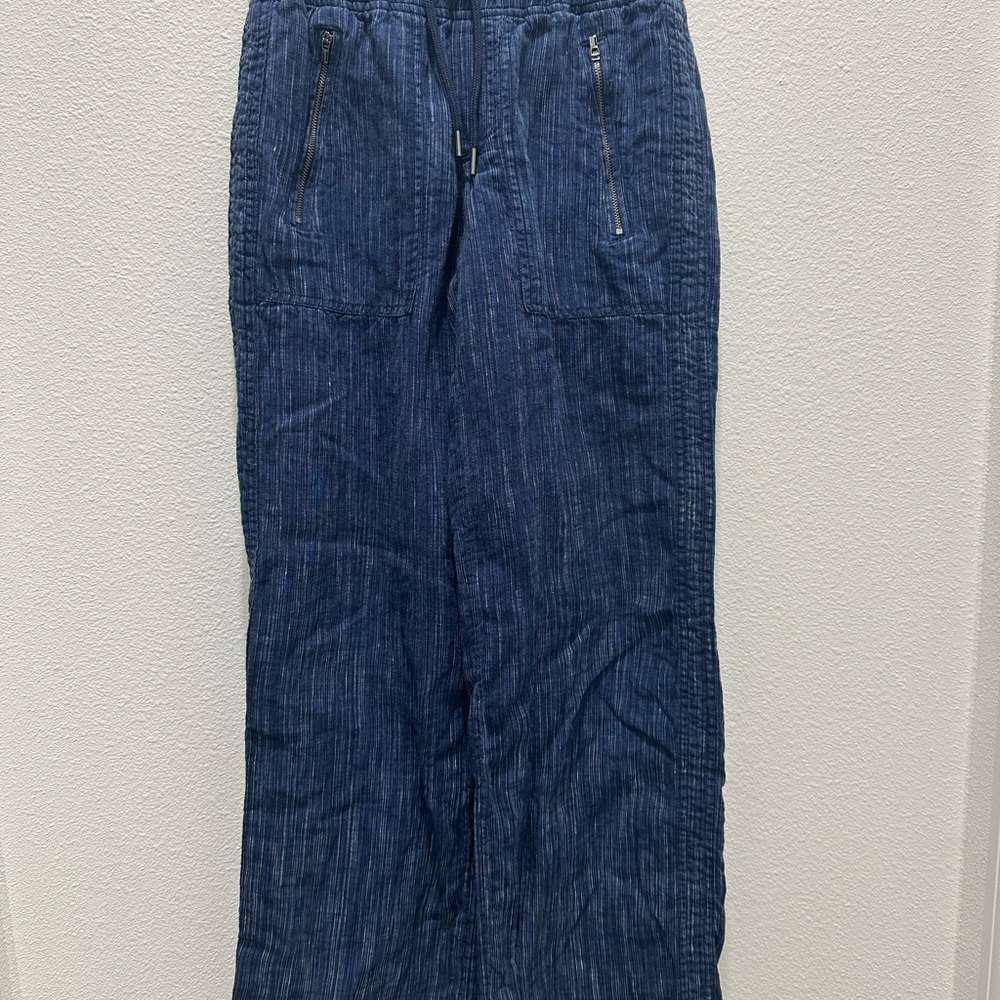 Athleta 100% Linen Blue and White Pants